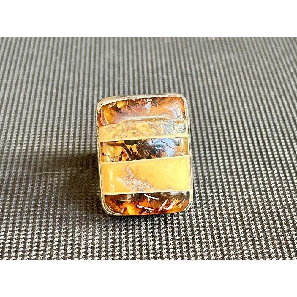 Vintage Artisan Sterling Silver Striped Honey Baltic Amber Split Shank Ring 7.5 - Picture 6 of 15